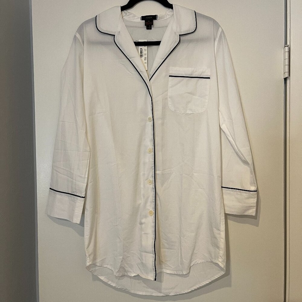 J.Crew Classic Button Down Pajama Top, White with Navy Blue Piping